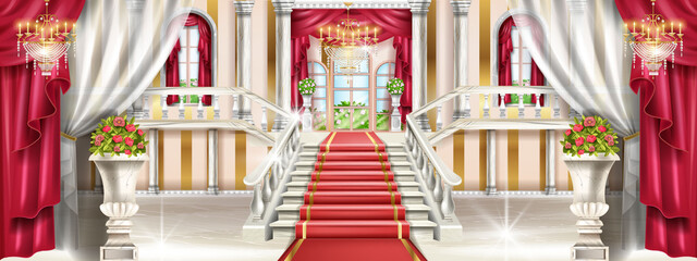 Palace interior background, vector castle hall illustration, marble staircase, medieval luxury ballroom. Royal vintage museum room, pillar, arch window, red carpet, vase, chandelier. Palace interior - obrazy, fototapety, plakaty