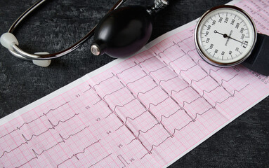 Cardiology and health care, electrocardiogram and sphygmomanometer close-up