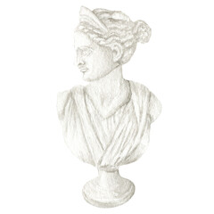 Fototapeta premium Ancient greek sculpture Diana goddess head, Watercolor Antique Greece mythology statues bust hand drawn illustration, Diana face sculpture drawing on grain paper