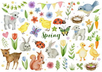 Set of watercolor illustrations spring, happy easter 