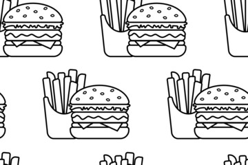 Hamburger and French fries. Seamless pattern of Simple black and white icons. Street food logo for menus, banners, packaging. Fast street food concept. Vector illustration   