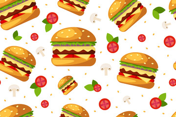 Colors Seamless pattern with Hamburger, tomatoes and lettuce leaves on white background. Street food for menus, banners, packaging, textiles. Fast street food concept. Vector illustration   