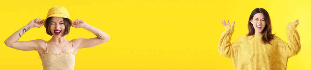 Laughing young Asian woman on yellow background