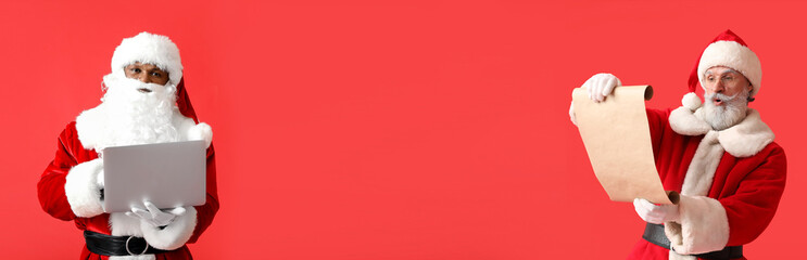 African-American Santa Claus with laptop on color background