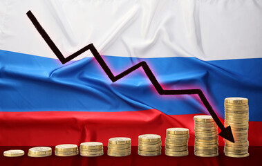 Coins and arrow against flag of Russia. Default concept