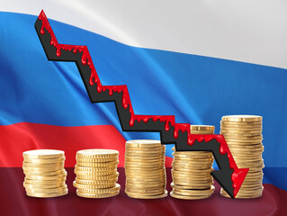 Coins and bloodstained arrow against flag of Russia. Default concept