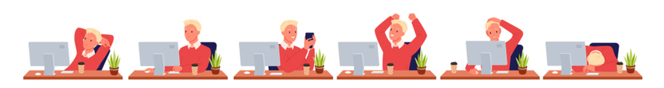 Man working online on business project in different poses vector illustration. Cartoon happy and sad guy using gadget, person sitting at personal office computer in modern workplace isolated on white