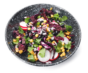Bowl of Mexican vegetable salad with black beans and radish on white background