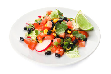 Plate of tasty Mexican vegetable salad with black beans and radish isolated on white background