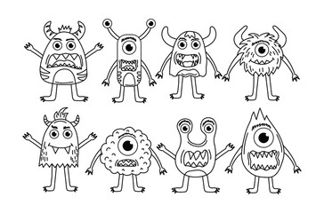 Set of cute monsters for coloring pages. Vector line aliens. Collection of modern line illustrations. © Rina Design