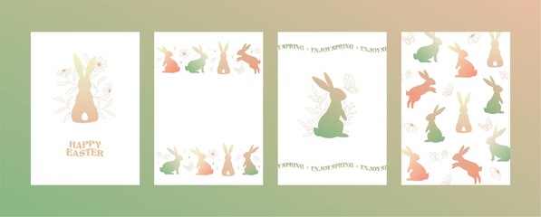 Fototapeta na wymiar Happy Easter card. Spring greeting card. Cute easter egg, flowers, bunny and leaves. Vector flat cartoon illustration. Trendy design for social media, poster, print, card, invitation, greeting, tag