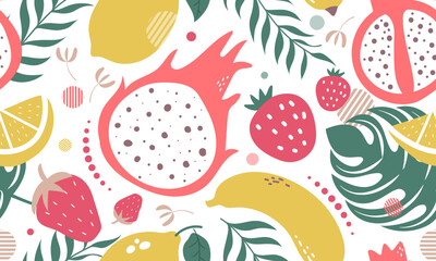 Hand drawn cute seamless pattern fruits, Banana, Pomegranate, Cherry, Strawberry, Lemon and leaf on colour background. Vector illustration.	