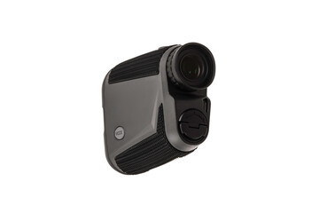Modern optical range finder isolated on white back. Isolated black plastic rangefinder used for golfing or hunting.
