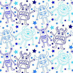 Cute monsters wirh stars. Funny cartoon alien seamless pattern. Hand drawn vector doodle design for girls, boys, kids. Hand drawn children's pattern for fashion clothes, shirt, fabric