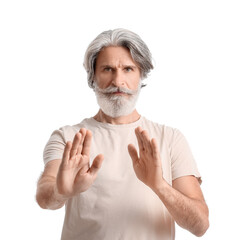 Mature man working with energy on white background