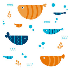 Isolated cute sea fish. Set of aquarium cartoon fish for print, children development. Varieties of decorative colored fish, flat geometric fish design