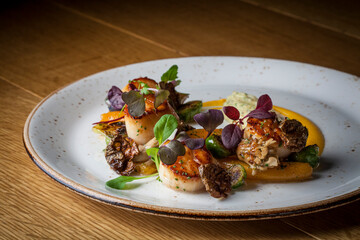 Pan Seared Scallops and Micro Greens on Handmade Plate