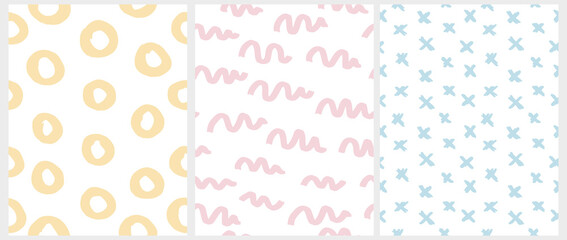 Simple Geometric Vector Patterns with Blue, Yellow and Pink Elements on a White Background. Abstract Irregular Hand Drawn Pastel Color Design ideal for Fabric, Textile, Wrapping Paper.Cool Patterns.