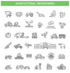 Agricultural and farming machines vector icons set