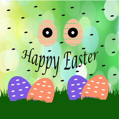 Happy Easter banner. Trendy Easter design with typography, hand painted strokes and dots, eggs, in  green  colours. Poster, greeting card.