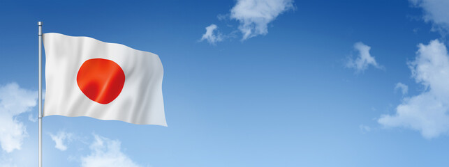 Japanese flag isolated on a blue sky. Horizontal banner
