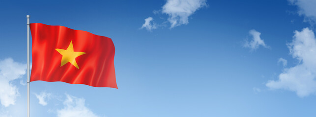 Vietnamese flag isolated on a blue sky. Horizontal banner