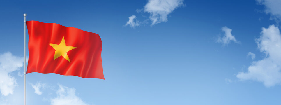 Vietnamese flag isolated on a blue sky. Horizontal banner