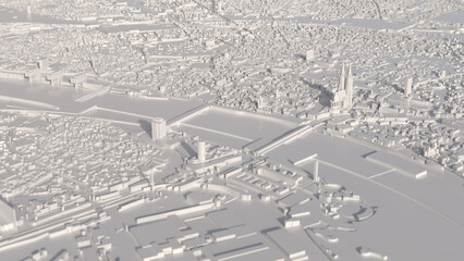 White 3D city model of Cologne. Aerial view with Cologne Cathedral in the centre.	