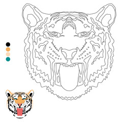 Coloring book for children and adults, tiger head with fangs with color example.