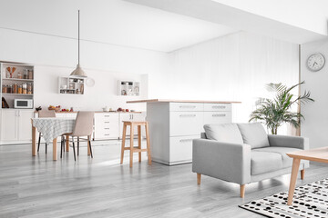 Interior of light modern kitchen with white counters, dining table and sofa