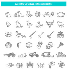 Agricultural and farming machines vector icons set