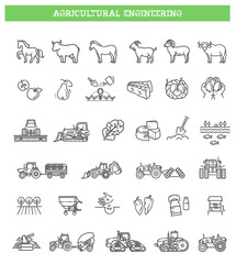Agricultural and farming machines vector icons set