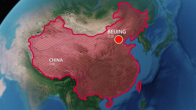 Designation of the borders of China on the map and the mark of the location of the city of Beijing