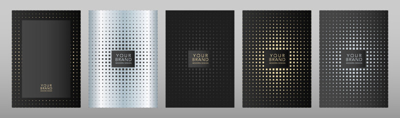 Modern luxury cover design set. Elegant fashionable background with abstract diamond digital geometric pattern in silver, black, gold color dots. Premium vector for menu, flyer, vip invitation.
