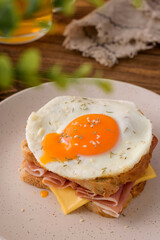 french sandwich croque madame with egg,ham and cheese