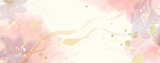 Fototapeta na wymiar Luxurious golden wallpaper. Banner with flowers. Watercolor pink, blue, lilac spots on a white background. Shiny flowers and twigs. Vector file.