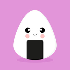Kawaii Cute Onigiri or japanese rice triangle on pink background,cartoon Onigiri with face. Flat style, print on textiles, t-shirt or packaging, as well as on a card or decoration of a room or kitchen