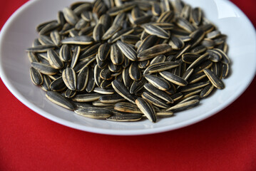 Striped sunflower seeds in a plate on red
