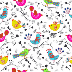 Seamless colorful floral pattern with birds