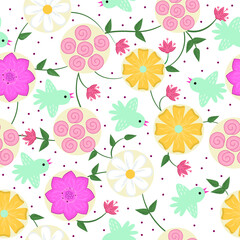 Seamless pattern with birds and flowers