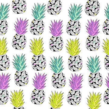 Seamless Pattern with Pineapples in a geometric style. Tropical fruits textile texture isolated white background