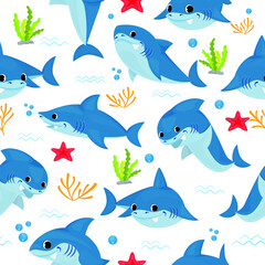 Vector seamless underwater pattern with cute cartoon sharks