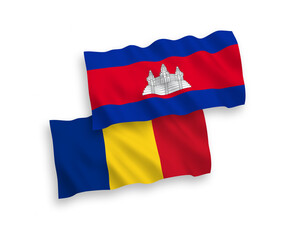 Flags of Romania and Kingdom of Cambodia on a white background