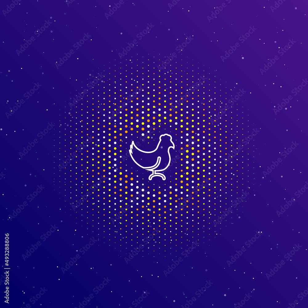 Poster A large white contour chicken symbol in the center, surrounded by small dots. Dots of different colors in the shape of a ball. Vector illustration on dark blue gradient background with stars