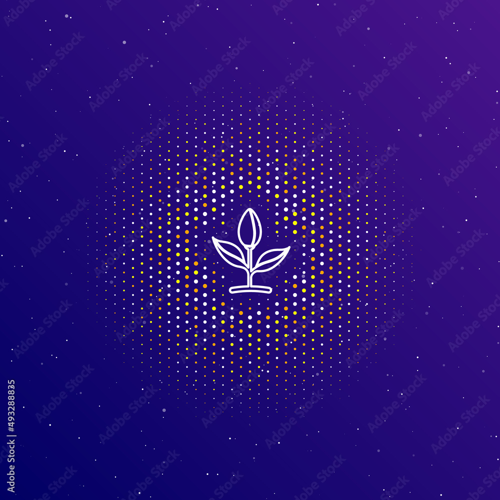 Poster a large white contour sprout symbol in the center, surrounded by small dots. dots of different color