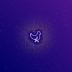 A large white contour chicken symbol in the center, surrounded by small dots. Dots of different colors in the shape of a ball. Vector illustration on dark blue gradient background with stars