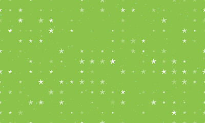 Seamless background pattern of evenly spaced white starfish symbols of different sizes and opacity. Vector illustration on light green background with stars