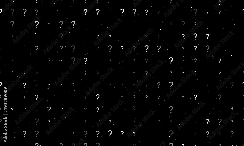 Poster seamless background pattern of evenly spaced white question symbols of different sizes and opacity. 