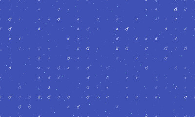 Seamless background pattern of evenly spaced white demiboy symbols of different sizes and opacity. Vector illustration on indigo background with stars