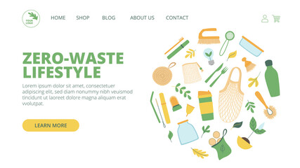 Fototapeta na wymiar Zero waste theme web page design. Online eco store landing page template. Hand drawn flat style. Eco lifestyle concept.
